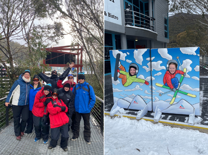 image one is of a group of young people wearing snow gear and image two is of two young people posing at a cut out board