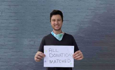 young person affected by cancer holding a sign that says all donations matched