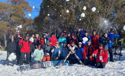 group of young people, staff and volunteers at the Canteen Australia Winter Retreat in Thredbo