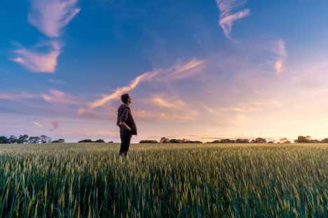 Teenage boy looking at sky in a field