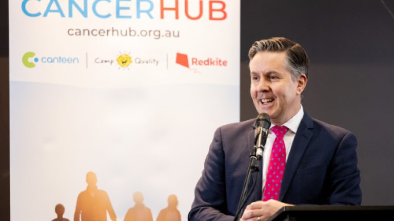 health minister mark bulter speaking at the August 2024 cancer hub funding annoucement