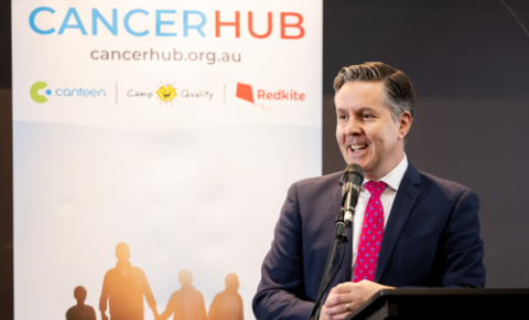 health minister mark bulter speaking at the August 2024 cancer hub funding annoucement