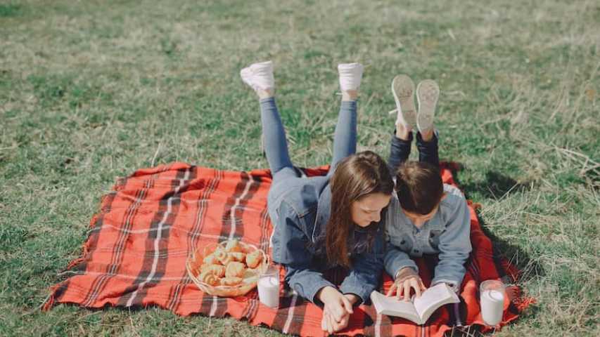 Siblings reading in a park